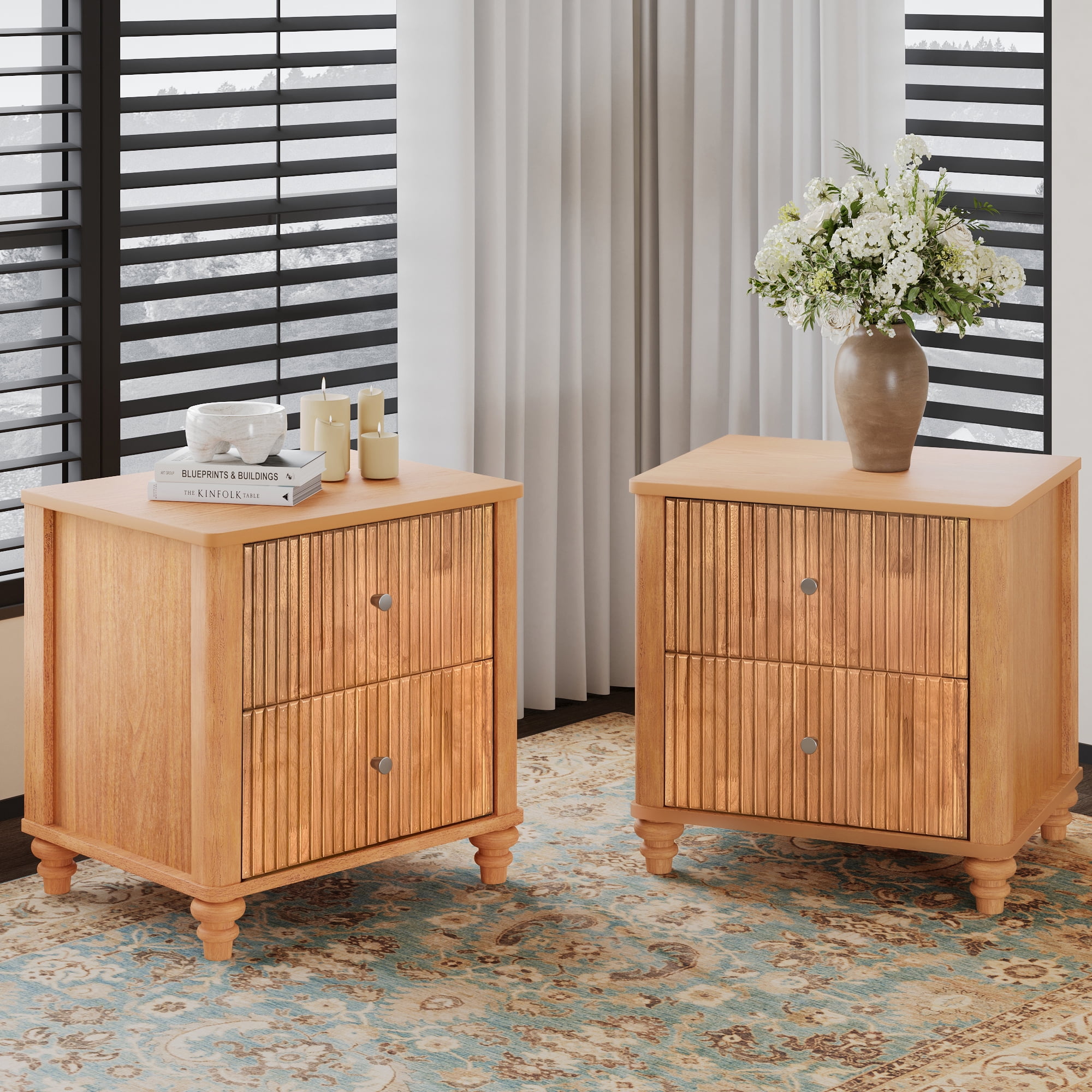 Fluted Nightstand 2-Piece Set, 21.65" Wide Side Table with 3 Drawers, Mid Century Modern Wood NightStand with Metal Handle, Wooden Bedside End Table for Bedroom, Living Room, Closet, Natural
