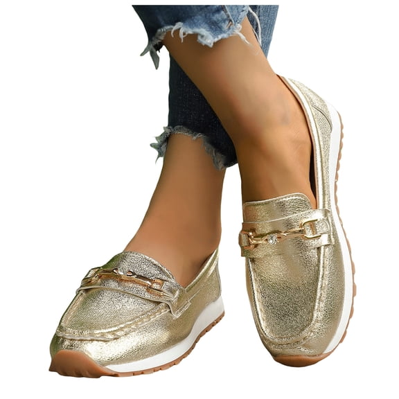 Rokment Womens Glitter Metallic Platform Loafers Fashion Comfortable Leather Memory Foam Walking Dressy Slip on Boat Dress Shoes Non Slip Work Flat Gold Size 6.5