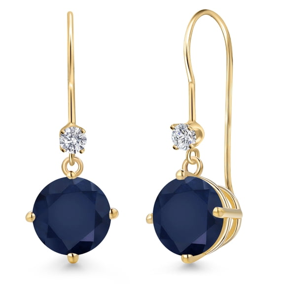Gem Stone King 14K Yellow Gold Blue Sapphire and Lab Grown Diamond Dangle Earrings for Women | 5.05 Cttw | Gemstone September Birthstone | Round 8MM and 2.5MM