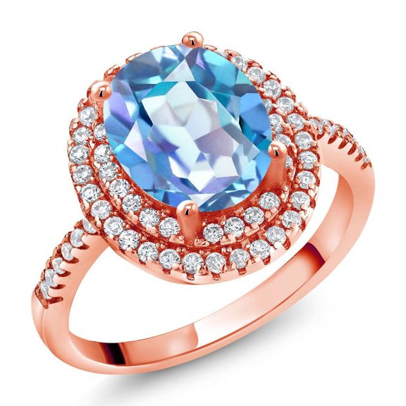 Gem Stone King 18K Rose Gold Plated Silver Halo Engagement Ring Mystic Quartz Moissanite (2.23 Cttw)