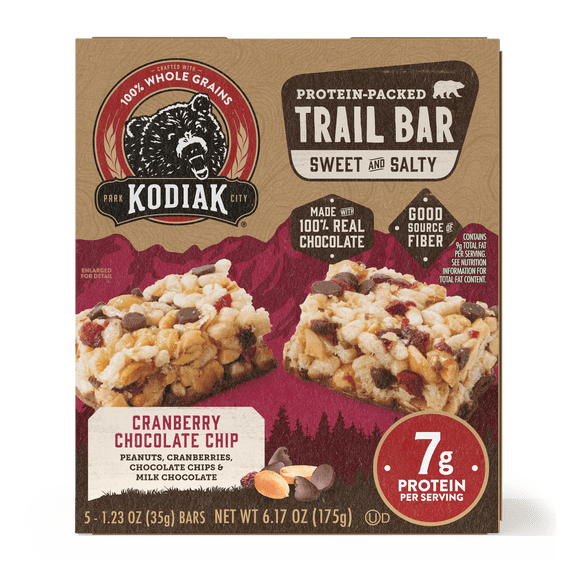 Kodiak Cranberry Chocolate Chip Protein Packed Trail Bars, 1.23 oz, 5 Count Cardboard Box