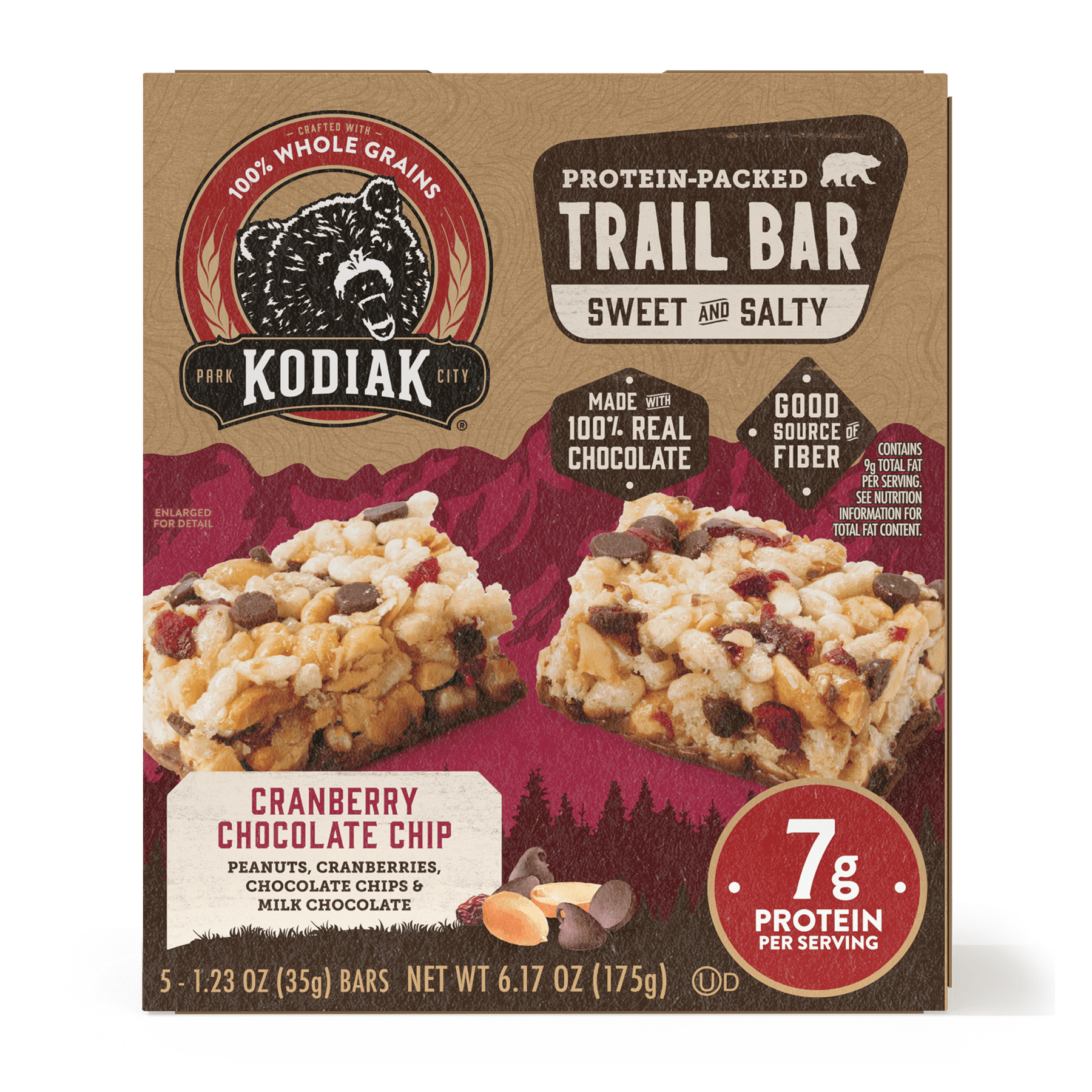 Kodiak Cranberry Chocolate Chip Protein Packed Trail Bars, 1.23 oz, 5 Count Cardboard Box