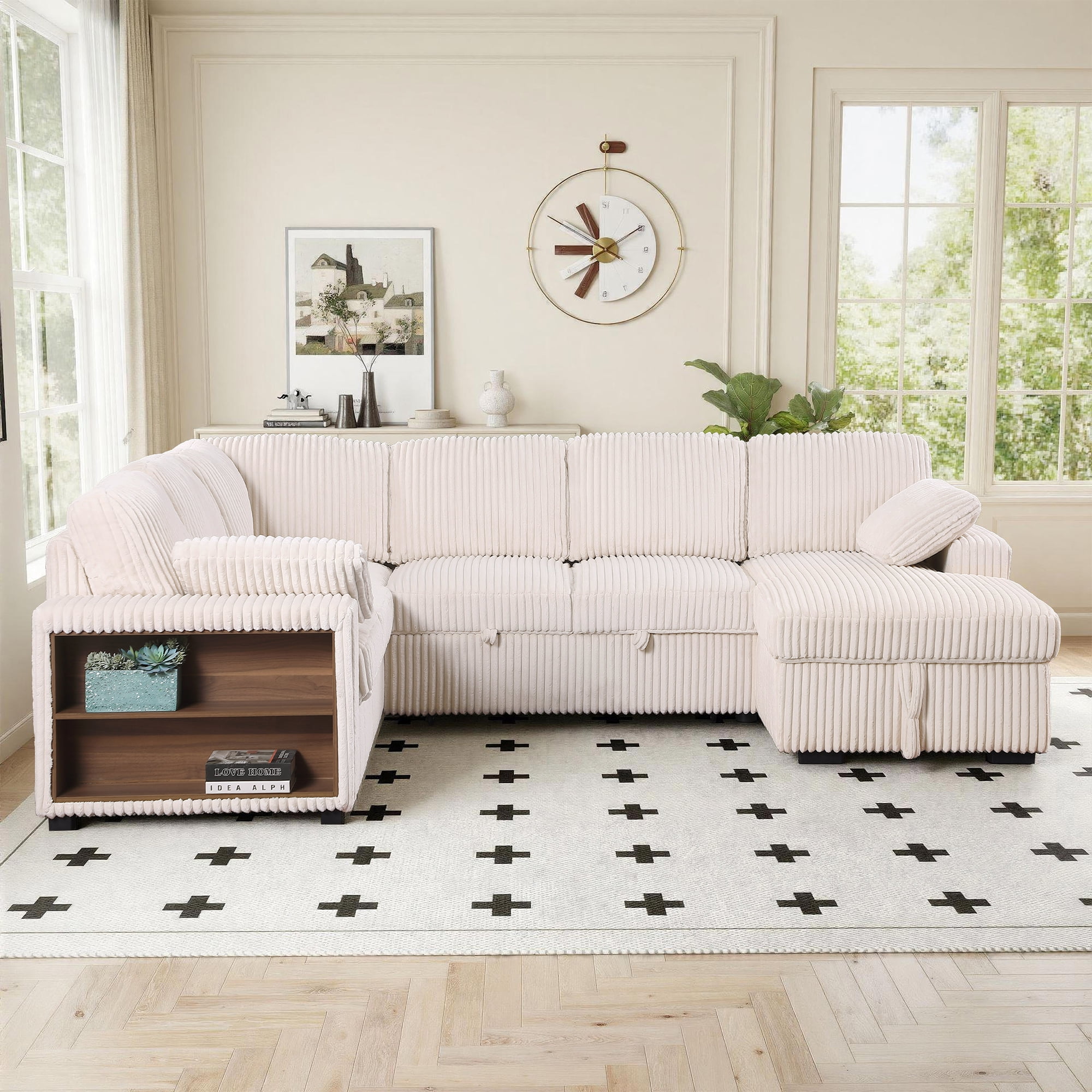 Gewnee 117 inch Sectional Sofa with Pull Out Bed,U-Shaped Modular Sectional with Storage,Cloud Couch for Living Room,Family Room & Apartment,Beige
