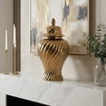 thumbnail image 3 of Elegant Ceramic Temple Jar with Lid for Home Decor - Sculptural Flower Vase for Living Room, Bedroom, or House Display - Table Decor for Dining Room or Kitchen Counter - 20", Gold & Metallic, 3 of 13