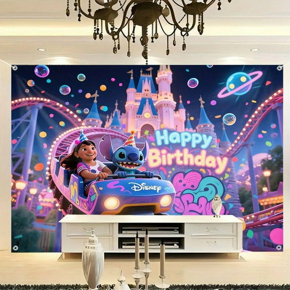 Stitch Happy Birthday! A vibrant polyester party banner with castles, cars and holiday decorations for indoor/outdoor celebrations, indoor and outdoor banners | Colorful birthday theme