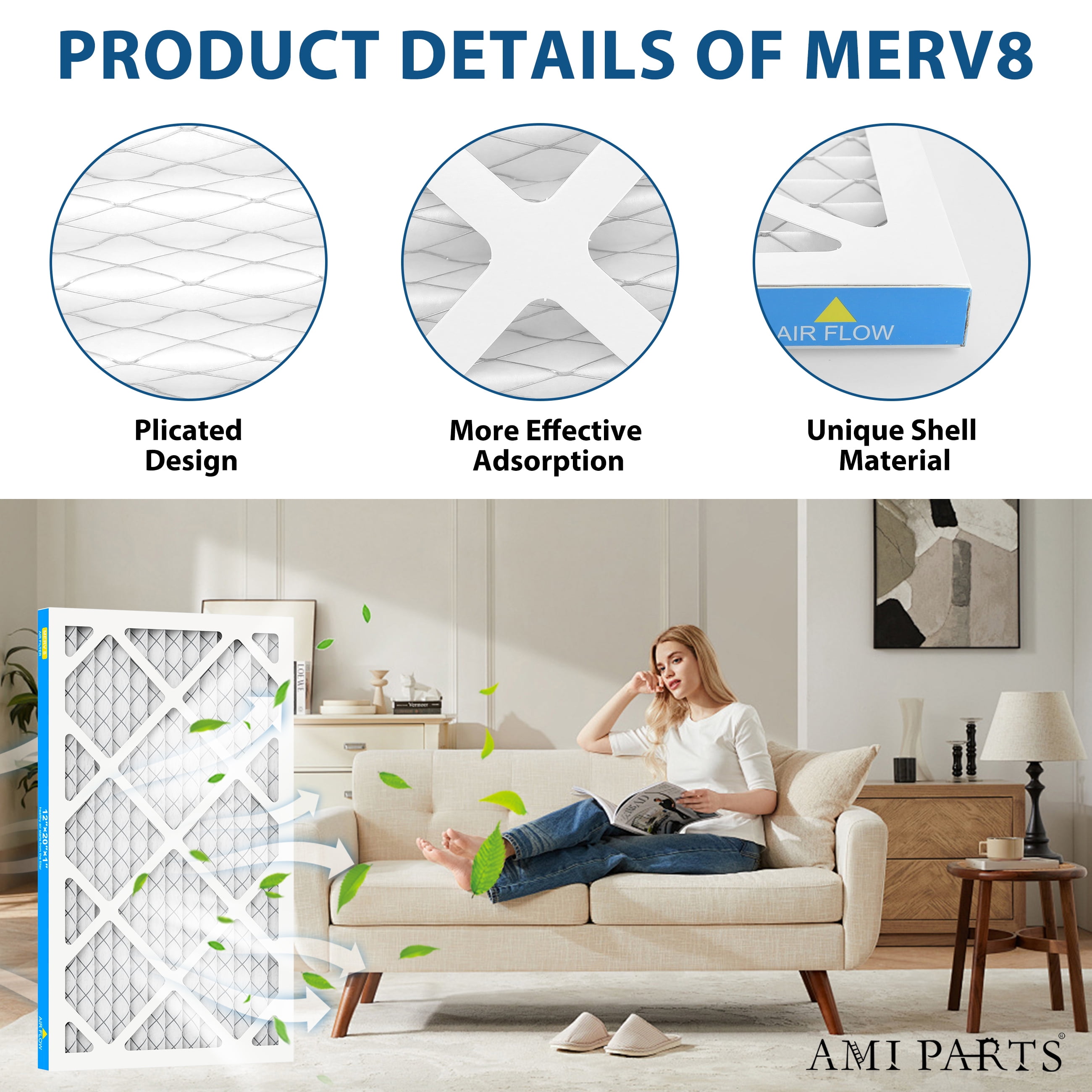 AMI PARTS 12X20X1 HVAC Furnace Air Filter,MERV8 Air Filter for Dust Reduction,6 Filters