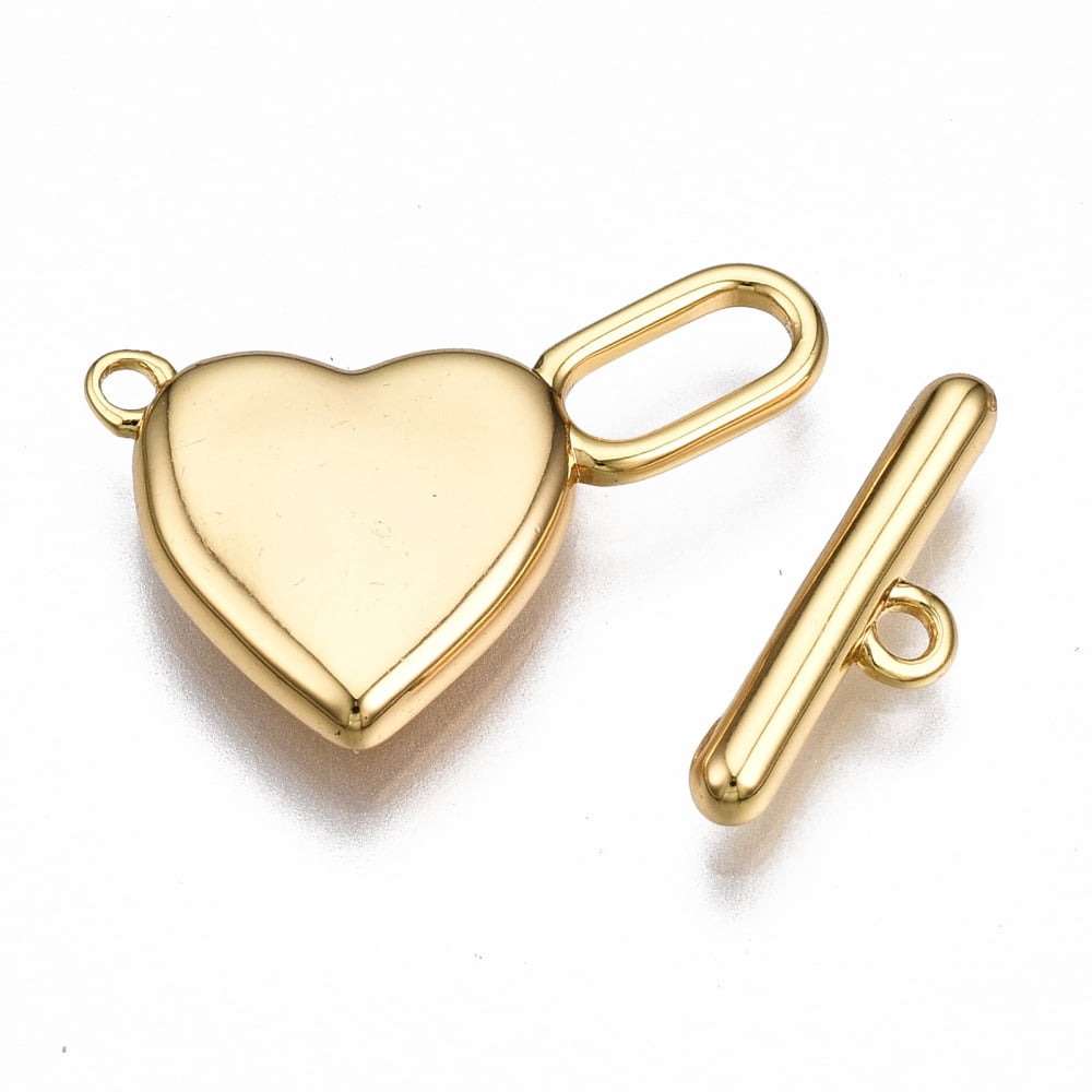 Brass Toggle Clasps Nickel Free Heart Real 18K Gold Plated 25mm long Bar: 15x4.5x2.5mm hole: 1.4mm Jump Ring: 5x1mm Inner Diameter: 3mm