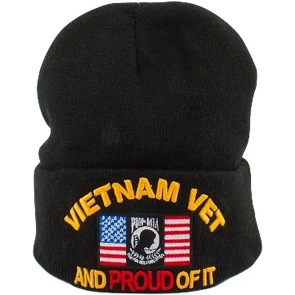 US Military Vietnam Vet And I'm Proud of It Black Skull Beanie Hat Cap
