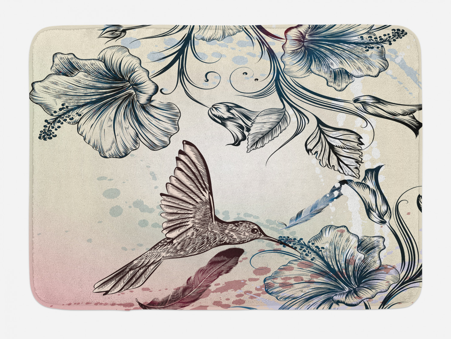 Hummingbird Bath Mat, Floral Art in Vintage Style with Hummingbird