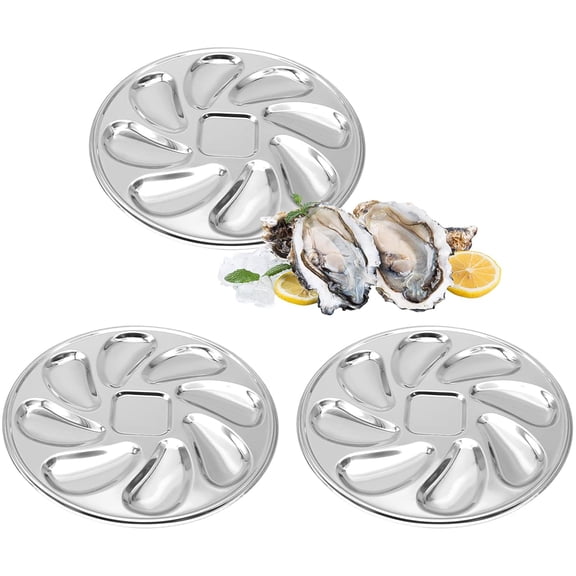 Bxaolu 3 Pack Oyster Plate, Stainless Steel 8 Slots Oyster Grill Pan with Center Slot, 9" Multi-Functional Grill Pan for Oysters and Scallop, Sauce and Lemon (Silver)