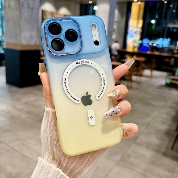 Luxury Magnetic Gradient Case For iPhone 17 Pro, Built-in Camera Lens Protection Shockproof Slim Protective Cover, Anti-Fingerprint Translucent Matte Back for Women,Blue&Yellow