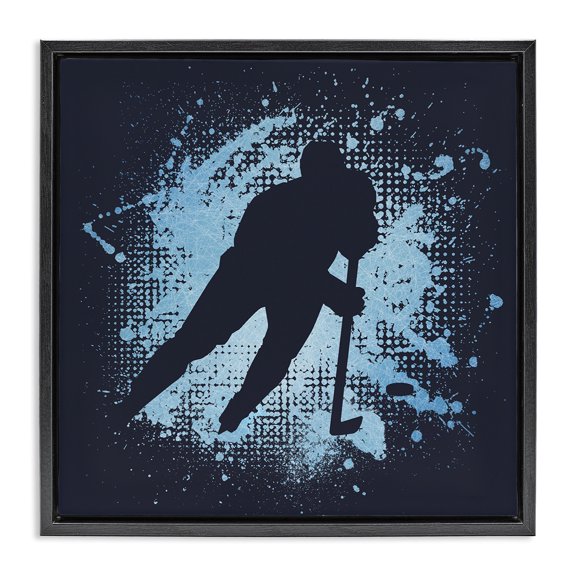 Stupell Industries Contemporary Hockey Stance Blue Splash Black Floating Frame Canvas Art, 18 x 18, by Jim Baldwin