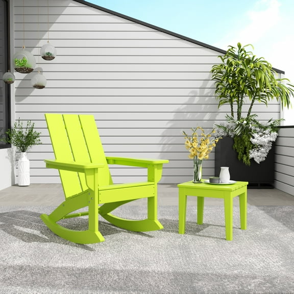 WestinTrends Ashore 2 Piece Patio Rocking Chair Set, All Weather Poly Lumber Adirondack Rocker Deck Porch Patio Chair with Large Side Table, Lime
