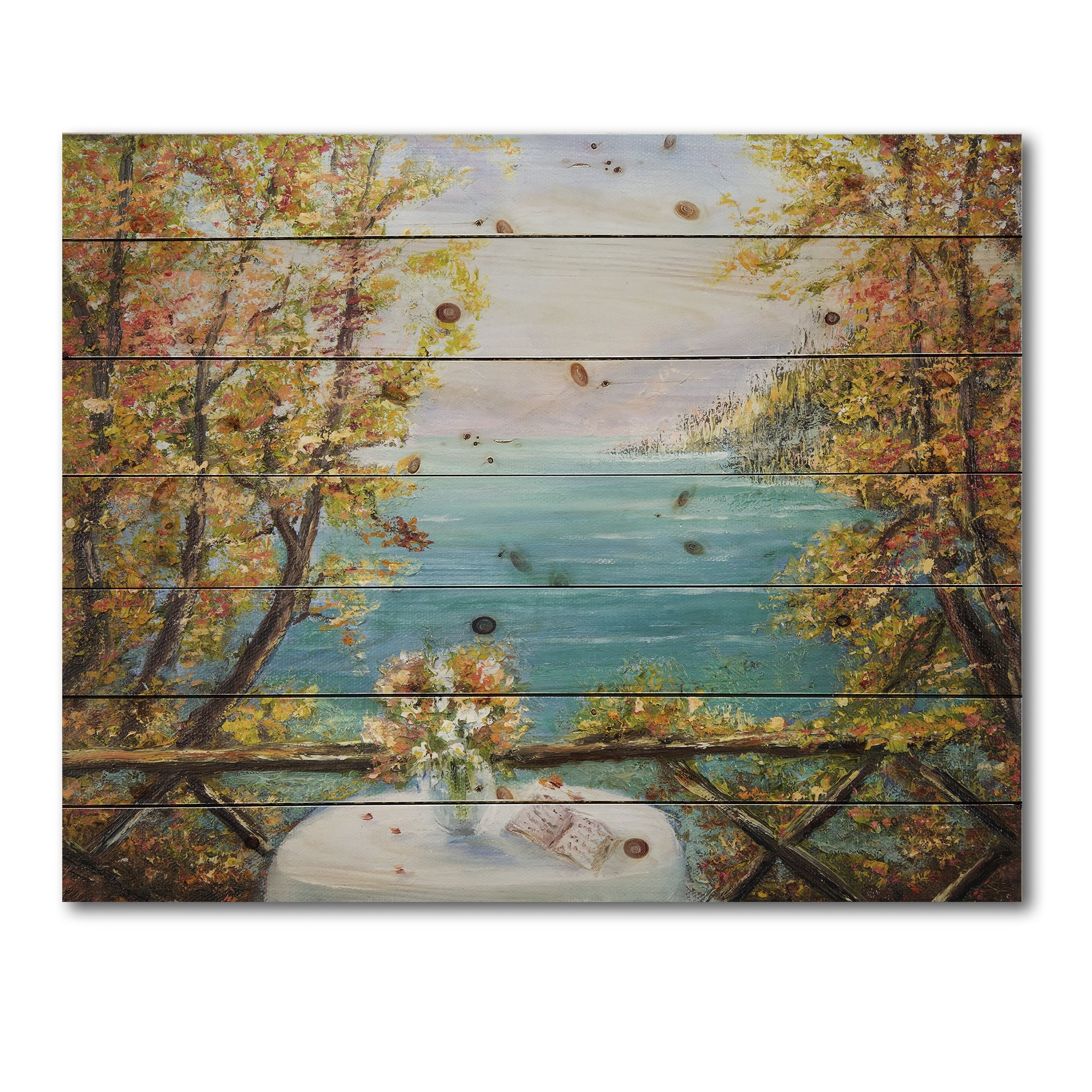 Designart 'The Blue Ocean View From Terrace' Nautical & Coastal Print on Natural Pine Wood