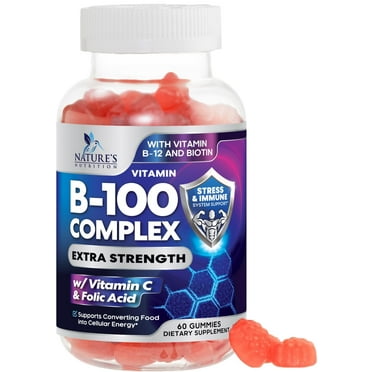 B Complex Gummy with Vitamin C & Folic Acid, Extra Strength Vitamin B Gummies Supplement with Niacin, B6, Folic Acid, Super B12, Biotin, Nature's Energy Immune Support Supplements - 60 Gummies