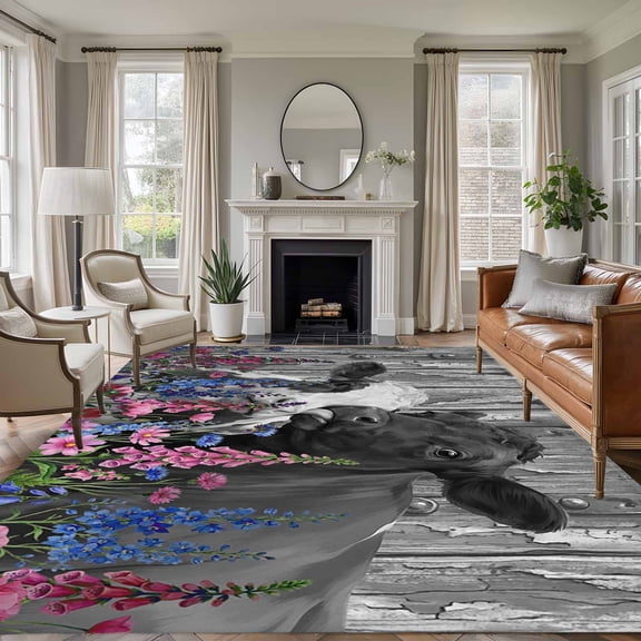 8'x10' Area Rugs, Black Cows Indoor Outdoor Area Rug for Living Room Bedroom, Country Pink Spring Floral Elegant Farmhouse Wooden Washable Bathroom Rugs Kitchen Floor Carpet Mats Home Decor Aesthetic