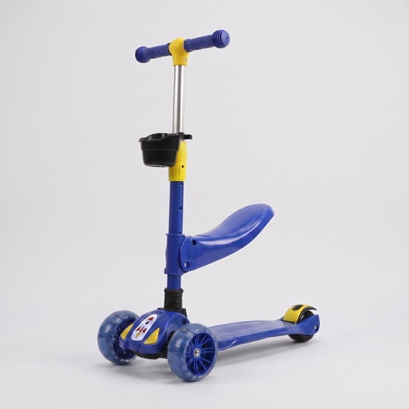 Eotvia Kids Scooter with LED Lighted Wheels, 3 Adjustable Handlebar Foldable Seat, Sit or Stand Ride, Lean-to-Steer & Deck, Scooters for Kids 3-5,Blue