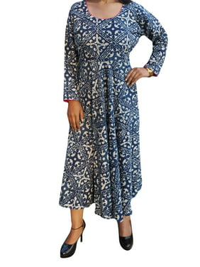 Mogul Womens Free and Easy Boho Summer Cotton Printed Flare Long Dress Round Neck Maxi Sundress L