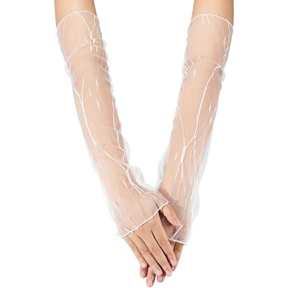 2Pcs Lace Tulle Sleeves Sheer Mesh Fingerless Long Gloves 17.7 Inch Long Detachable White Wedding Tulle Gloves Bridal Arm Sleeves Elbow Length