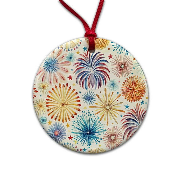 Fireworks Colorful Patriotic Fourth of July Christmas Tree Holiday Round Ceramic Ornament