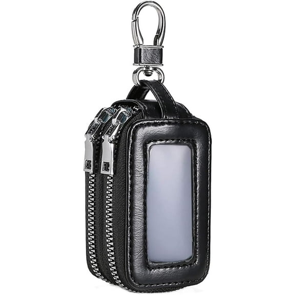 Liho Car Key Case with Double Zipper, Black Leather Key Holder, Transparent Window & Metal Hook, for Remote Key, Keep Essentials Organized Car Key Holder A605