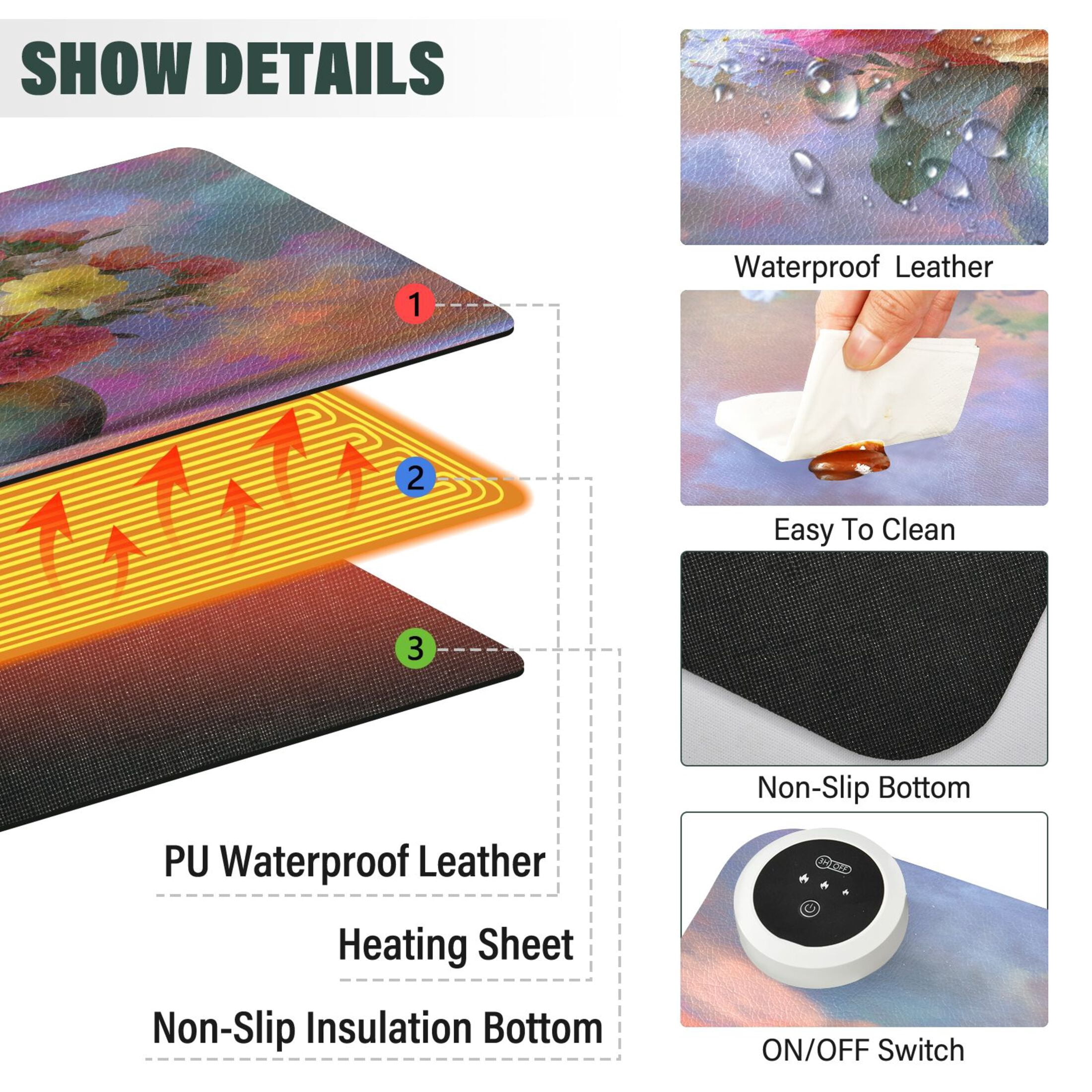 Large Heated Desk Mat Mouse Pad 31.5"x13"PU Leather Graphene Heating Desk Warmer with 3 Temperature Settings 110V US Plug Non-Slip Warm Pad for Home, Office, and Gaming Vivid Flowers in A Vase