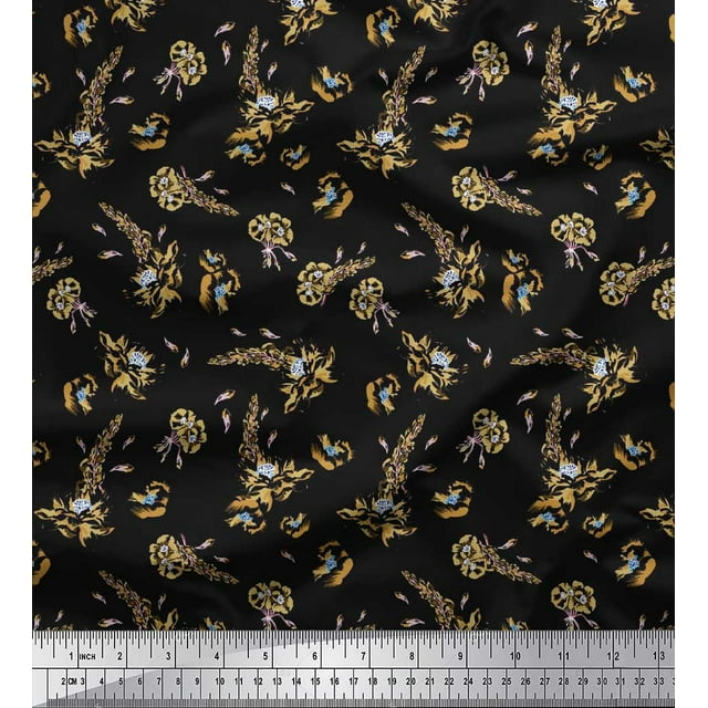 Soimoi Green Polyester Crepe Fabric Leaves & Floral Decor Fabric Printed BTY 52 Inch Wide