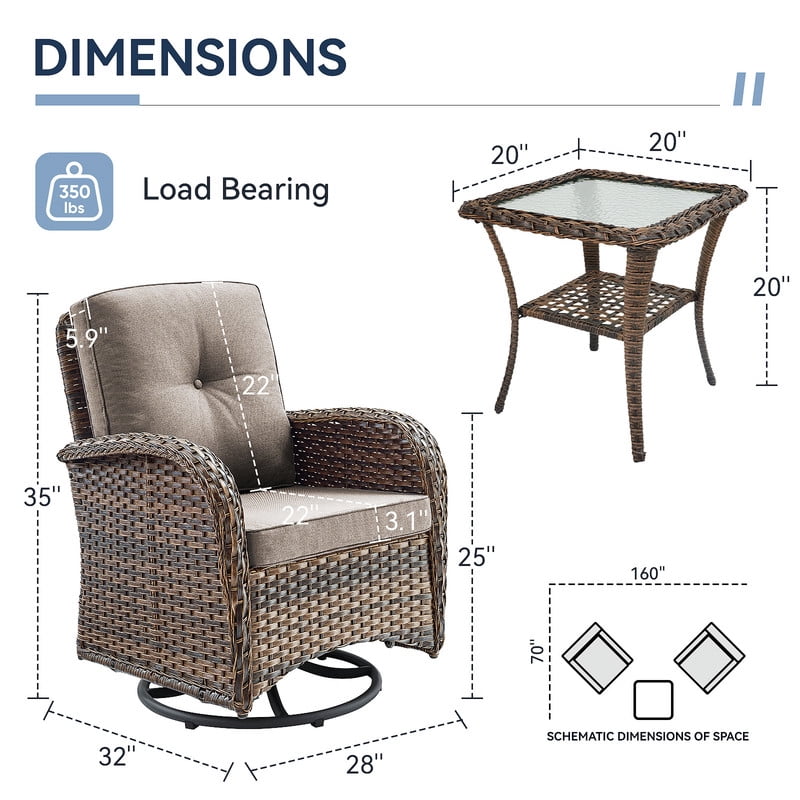 Bellefurn Patio Swivel Chairs Set of 2 Outdoor Swivel Rocker Patio Chair with Side Table,Wicker Patio Furniture Set for Porch Deck Backyard Poolside