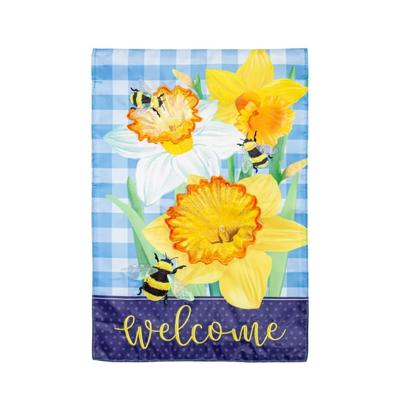 Evergreen Applique Garden Flag - Daffodils and Bees, 12.5 x 18 inch Double Sided