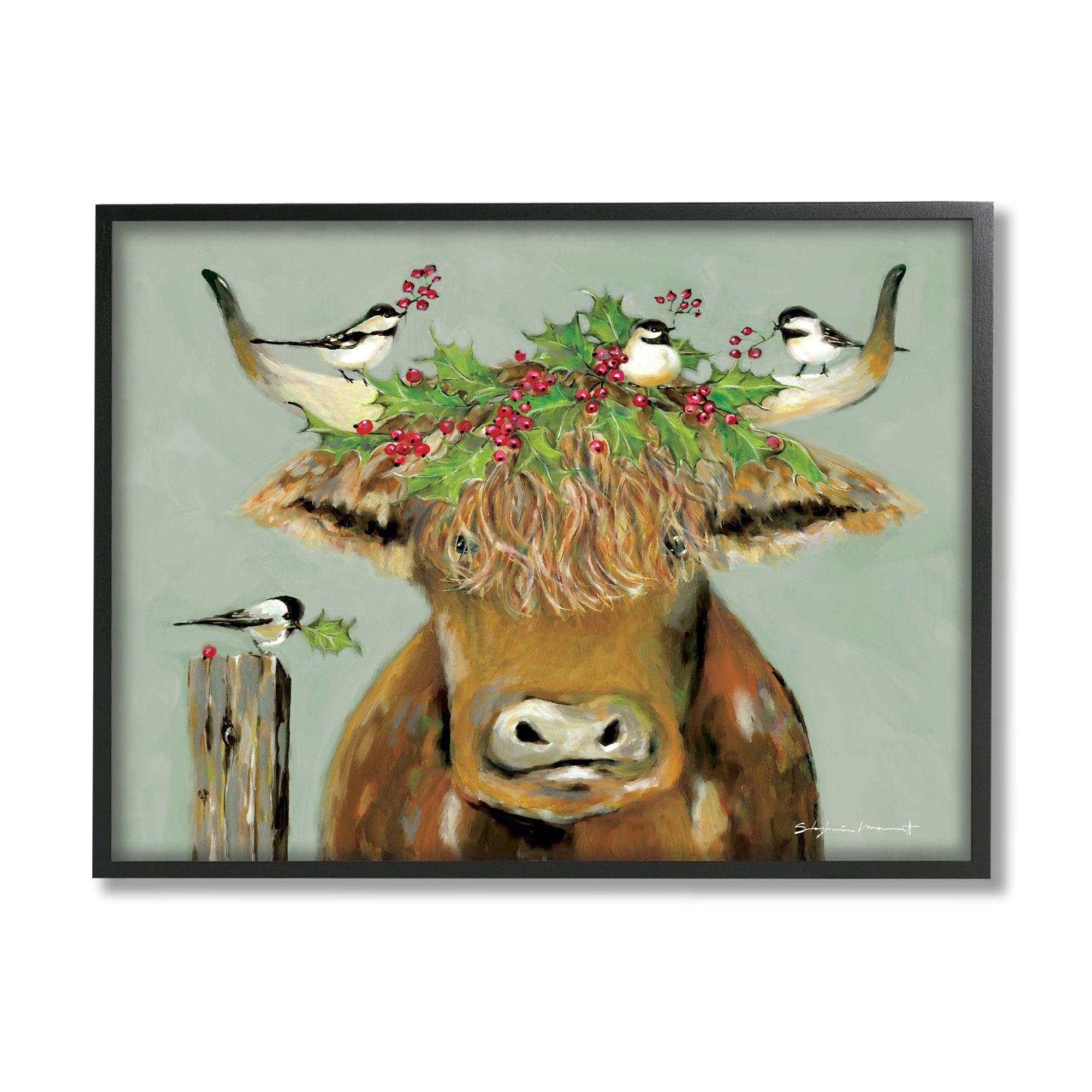 Stupell Industries Cattle & Birds Holiday Holly Holiday Painting Gray Framed Art Print Wall Art