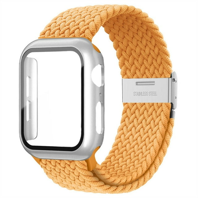 ALMNVO Braided Solo Loop Band Compatible with Apple Watch Bands with Case 41mm 38mm 40mm,Stretch Nylon Elastic Strap with Glass Screen Protector Case for iWatch Series 7 6 SE 5 4 3 2 1
