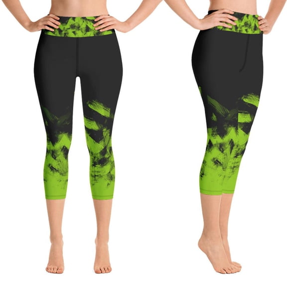 Green on Black Capri Leggings for Women Butt Lift Yoga Pants for Women High Waisted Leggings for Women