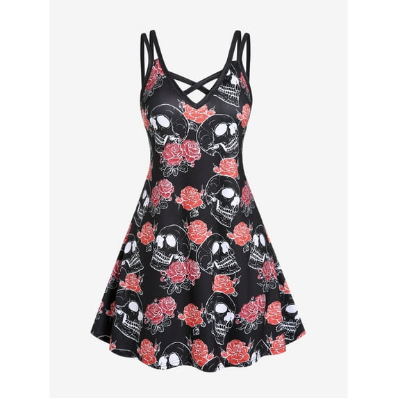 Rosegal Women's Plus Size Gothic Rose Skulls Crisscross Sleeveless Dress