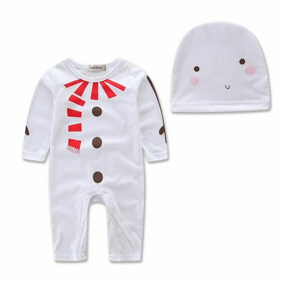 Unisex Baby Lovely Christmas Deer Snowman Cotton Winter Romper with Hat 2 ocs Outfit Set (90/12-18 Months, White Snowman)