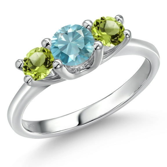 Gem Stone King 14K White Gold Blue Zircon & Green Peridot 3-Stone Engagement Ring | 1.45 Cttw | Round 5MM and 4MM | Three Stone Wedding Anniversary Promise Ring for Women (Size 6)