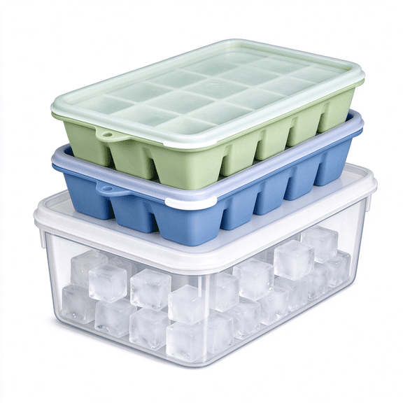Silicone Ice Cube Trays with Lid and Bin - Easy Release 15 Nice Ice Cube Molds 2Pack, Stackable Ice Trays for Freezer with Storage Container, for Whiskey, Coffee, Cocktail.