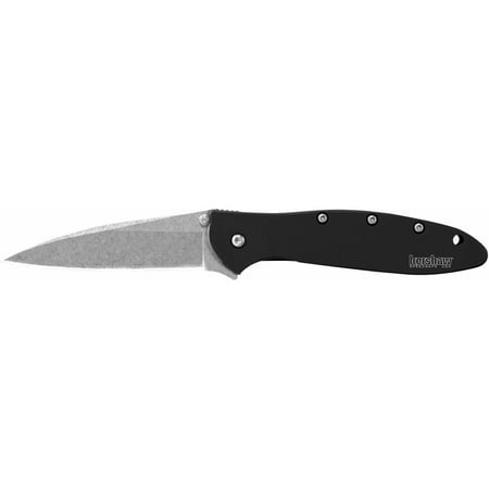 Kershaw Leek, Black, Stonewashed (1660SWBLK), 3” Steel Blade, Stonewash Finish, Black Anodized Aluminum Handle, SpeedSafe Assisted Opening, Secure Liner Lock, 2.4 OZ.