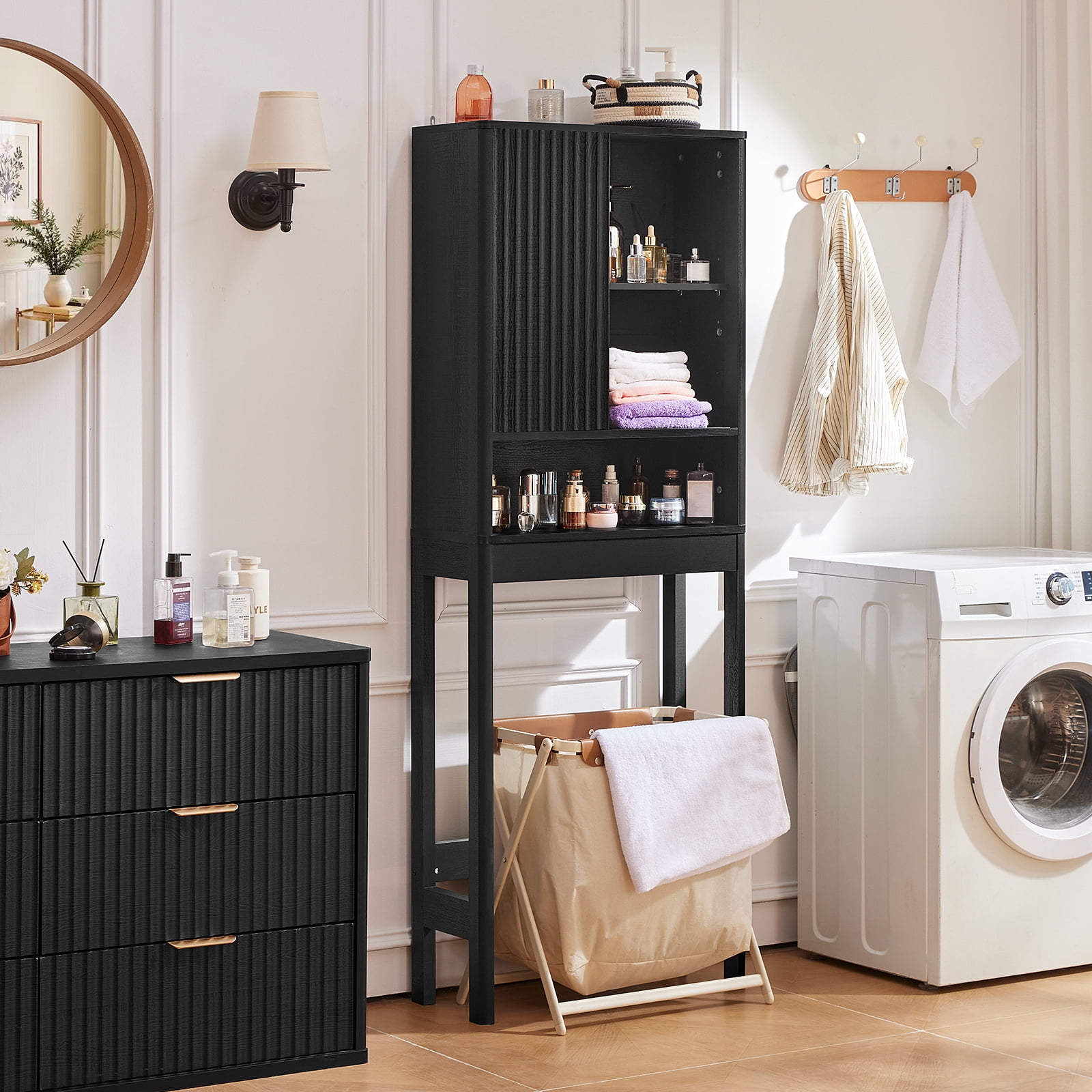 LELELINKY Over The Toilet Storage Cabinet with Rattan Sliding Door, 68" Tall Wood Bathroom Organizer with Adjustable Shelf for Small Spaces, Black