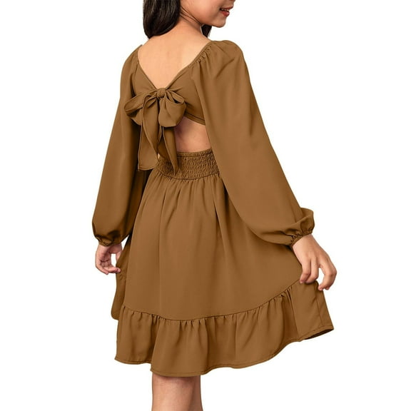 XXWXYD Girls Backless Long Sleeve Pleated Dress Ruffled Tunic Casual Solid Color Holiday Outfit Elegant Stretchy Part𝗒 Wear