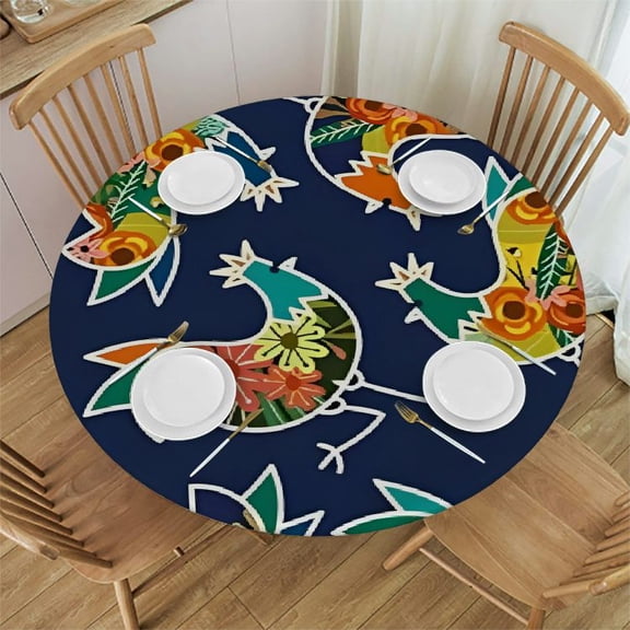 Fitted Round Tablecloth Floral Rooster,colorful poultry Table cover,Elastic Edged Table Cloth Fits Round Tables