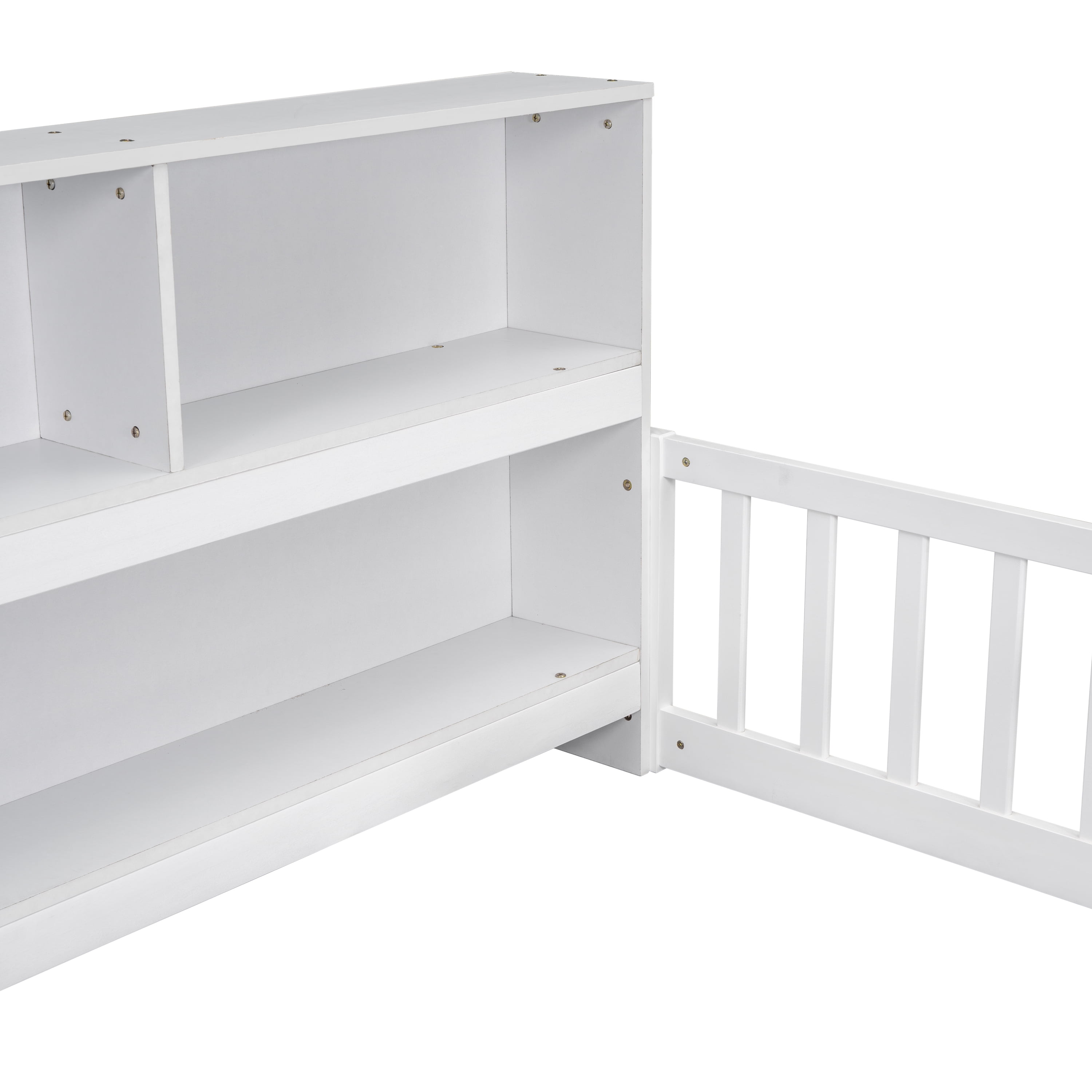 Miniyam Twin Floor Bed with Bookcase Shelves and Guardrails, Wood Low Profile Bed Frame, White