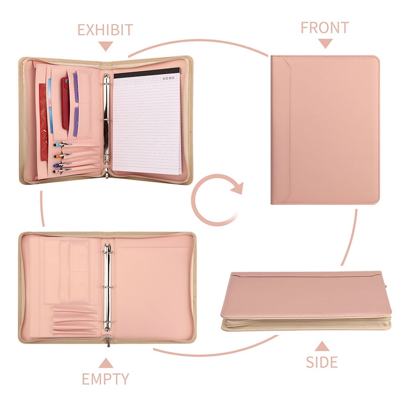 A4 Zipper Binder with Multi-Pocket Organizer, Leather Briefcase for iPad, Memo, Notebook, Pens, Documents, Perfect Gift for Office Business Professionals，Pink