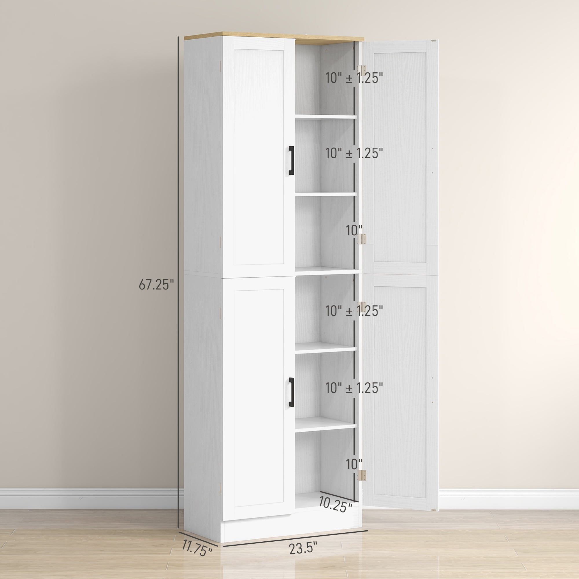 HOMCOM 67" Kitchen Pantry Storage Cabinet w/ Shelves, White Embossed Wood Grain