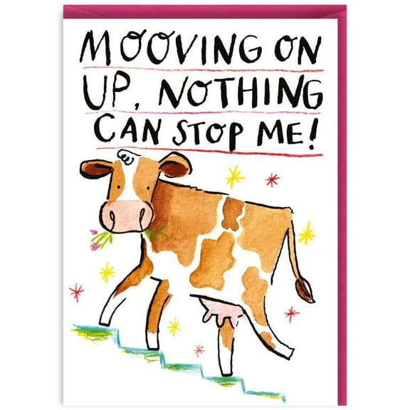 Funny "Mooving On Up" Cow Greeting Card – Inspirational Design for Encouragement – Perfect for Birthdays, Congratulations, or Any Occasion – Envelope Included