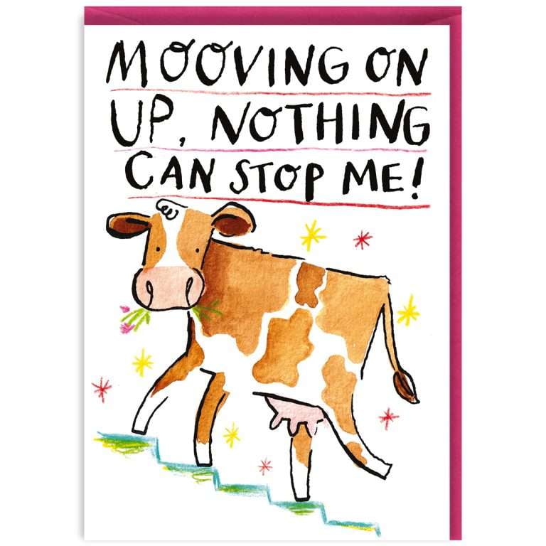 Funny "Mooving On Up" Cow Greeting Card – Inspirational Design for Encouragement – Perfect for Birthdays, Congratulations, or Any Occasion – Envelope Included
