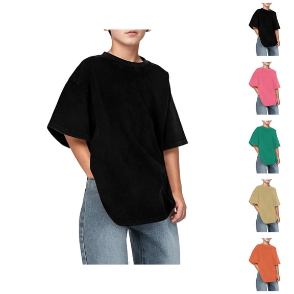 Boys T Shirts Summer Plain Crew Neck Elbow Sleeve Drop Shoulder Oversized T Shirt 3-14 Years