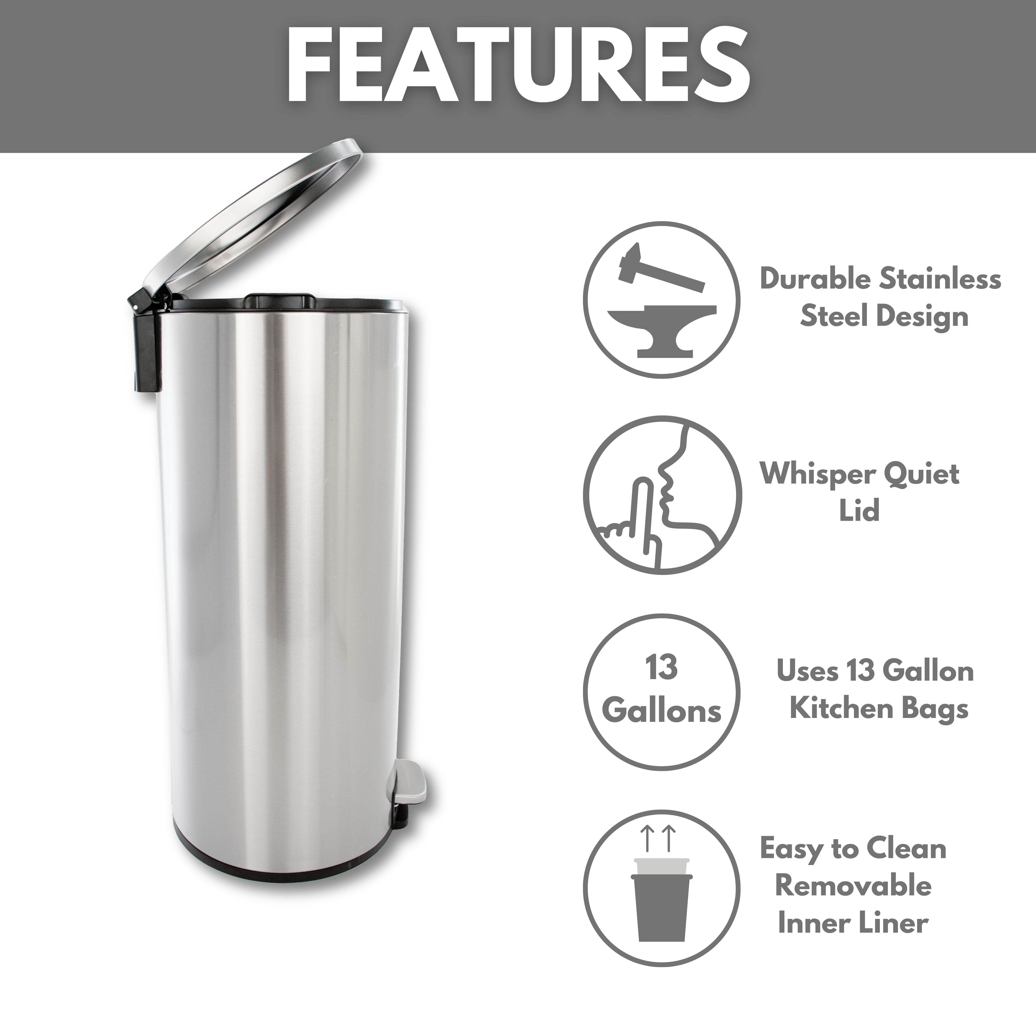 (2 pack) Better Homes & Gardens Stainless Steel Bathroom Trash Can, 7.9 Gallon, Round Soft Close Step On Lid Garbage Bin, Silver