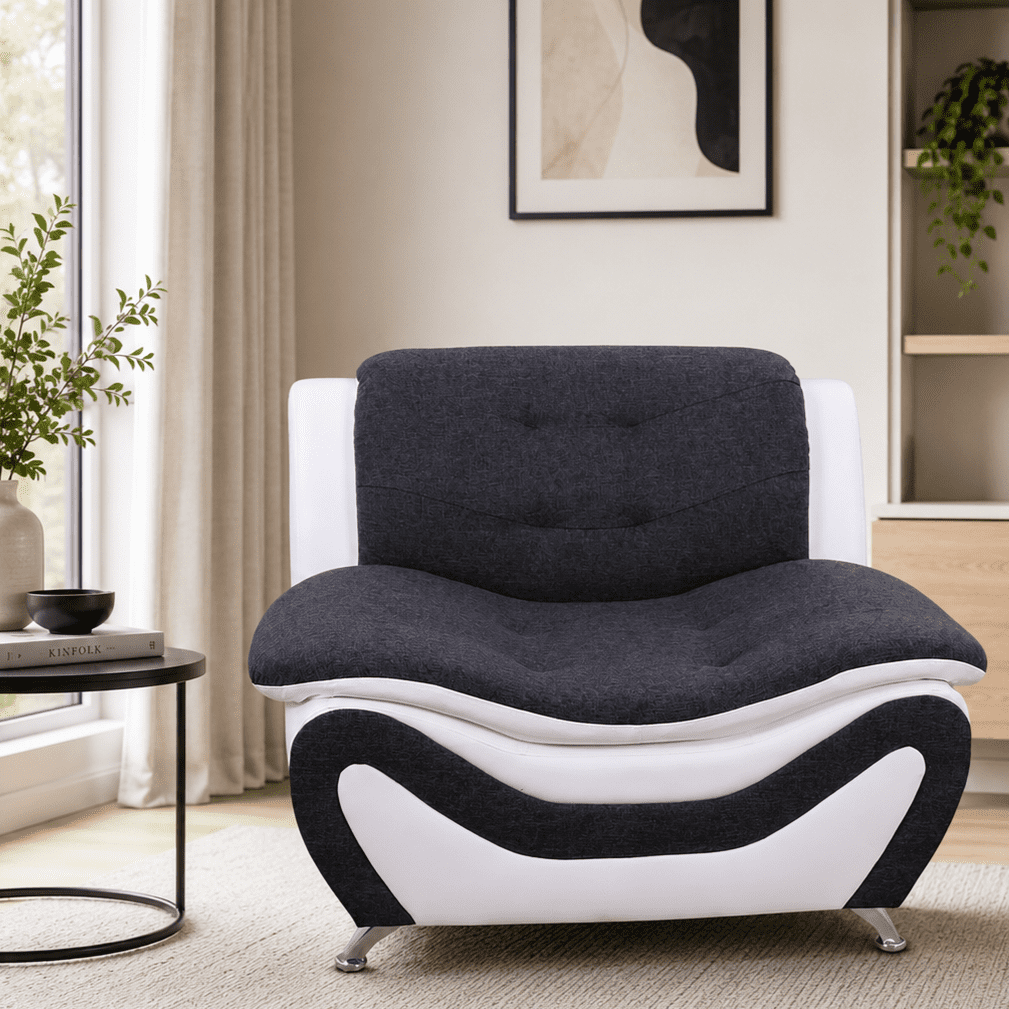 Gewnee Accent Chair Single Sofa, 42" Breathable Leather Sofa Chair with Solid Wood Frame & Metal Legs, Modern Furniture for Living Room Bedroom Office, Black & White