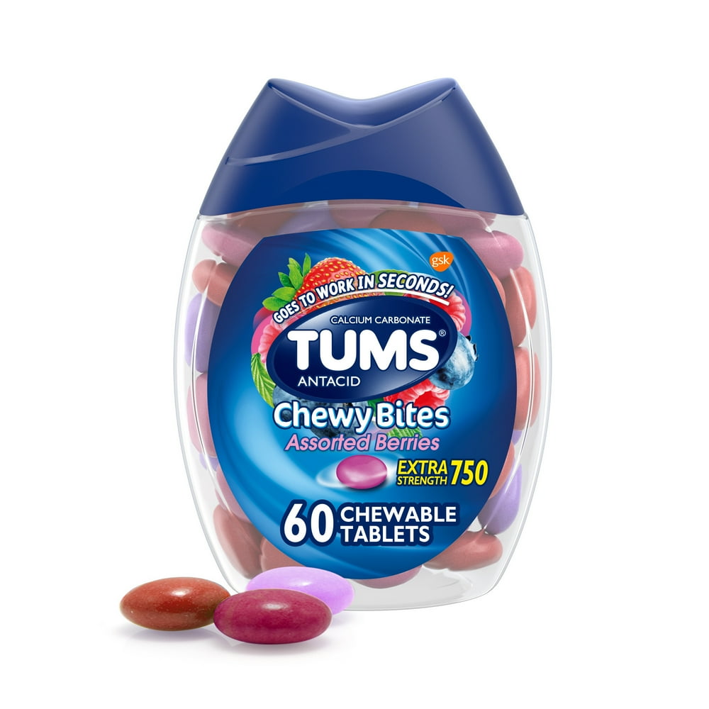 TUMS Chewable Heartburn Relief Antacid Tablets, Peppermint, Berry, 60