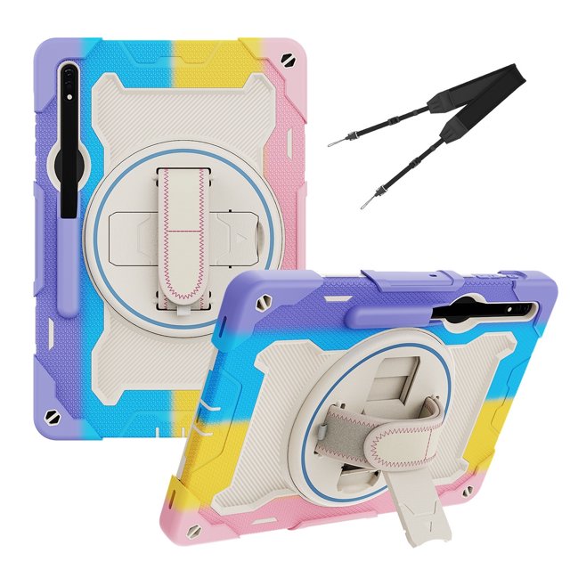 XYX 3in1 Rotating Stand Case for Samsung Galaxy Tab S7+/Tab S8+ 12.4 inch with Hand/Shoulder Strap, Shockproof Rugged, Colorful Pink